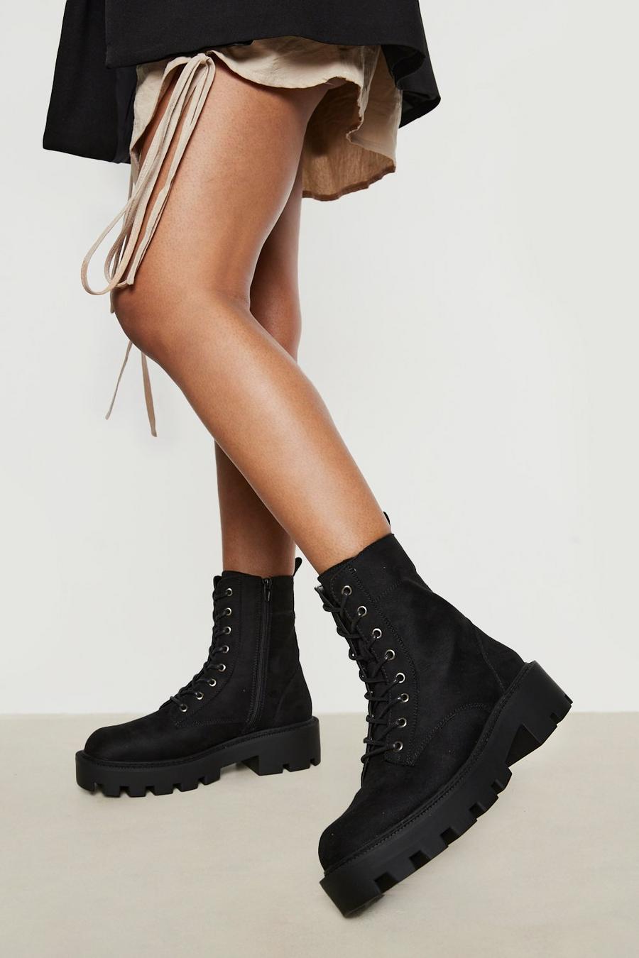 Black svart Chunky Heeled Hiker Boots