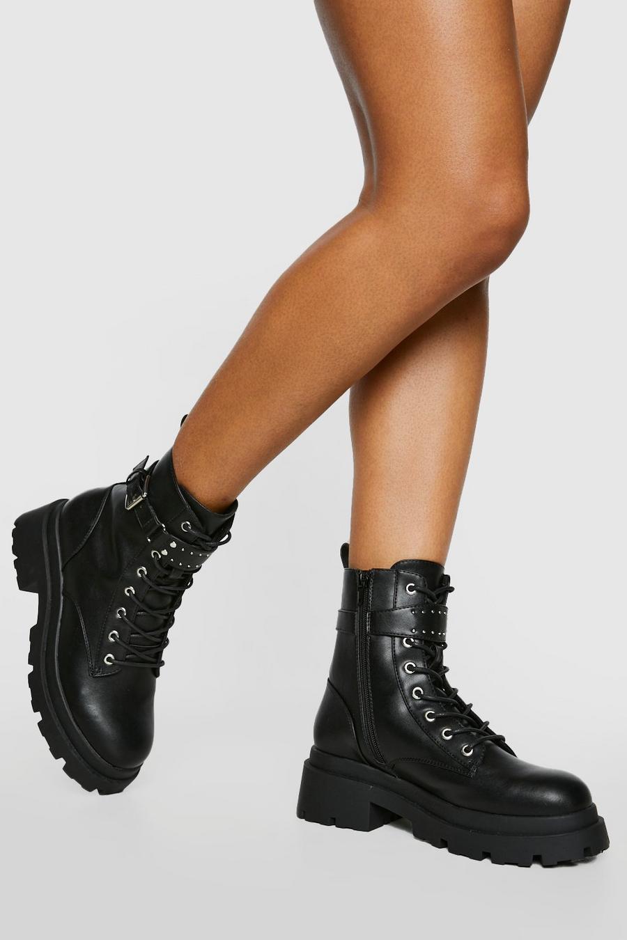 Black Front Tab Buckle Detail Combat Boots