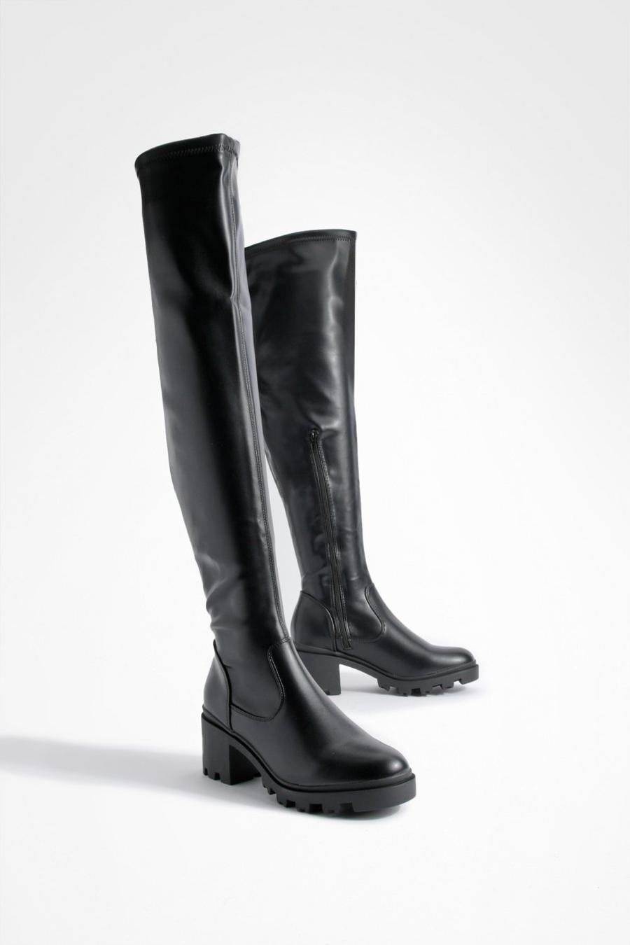 Black svart Knee High Block Heeled Boots