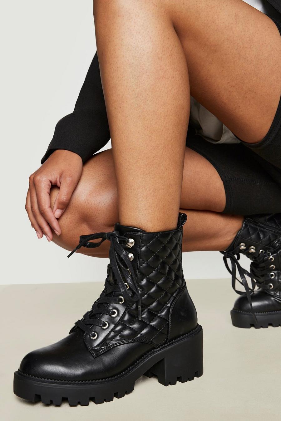 Black Stud Detail Quilted Heeled Combat Boots image number 1