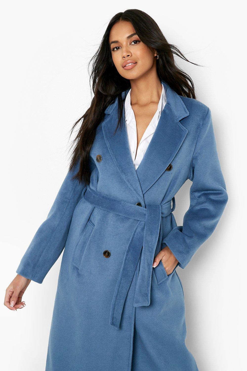 Blue belted wool clearance coat