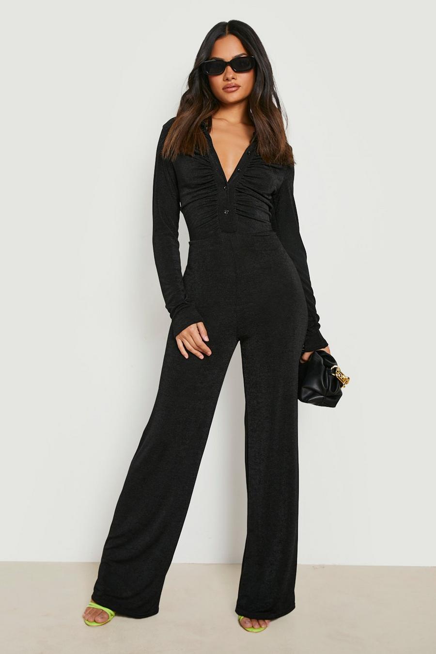 Black Textured Slinky Ruched Wide Leg Jumpsuit