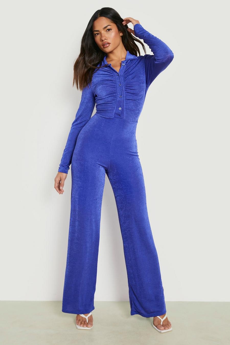 Vibrant purple Textured Slinky Ruched Wide Leg Jumpsuit image number 1