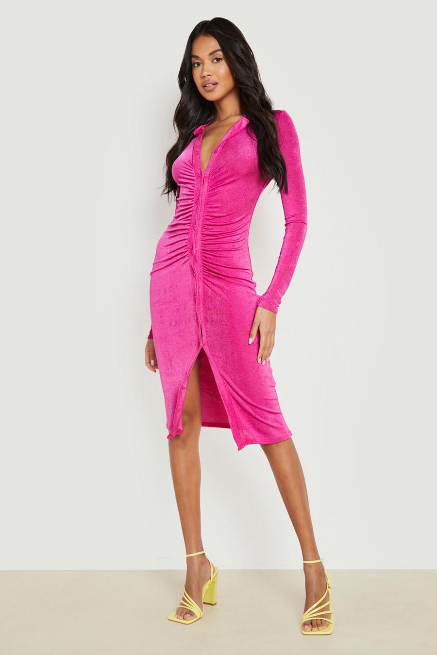Hot pink Textured Slinky Ruched Front Midi Shirt Dress image number 1