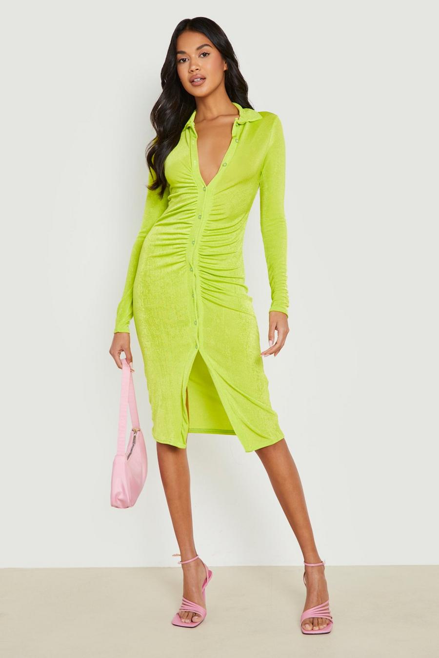 Lime Textured Slinky Ruched Front Midi Shirt Dress image number 1