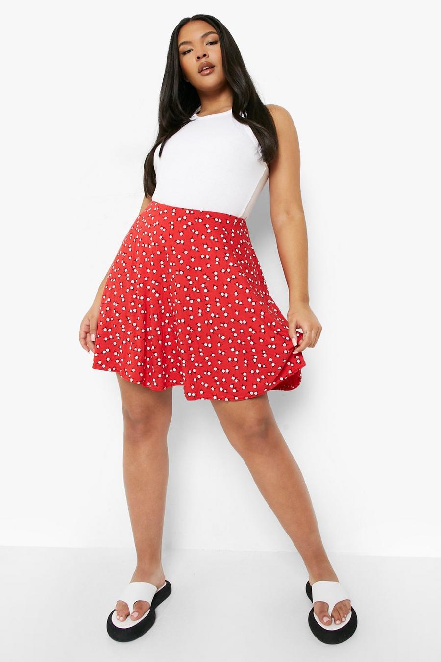 Red Plus Ditsy Floral Skater Skirt