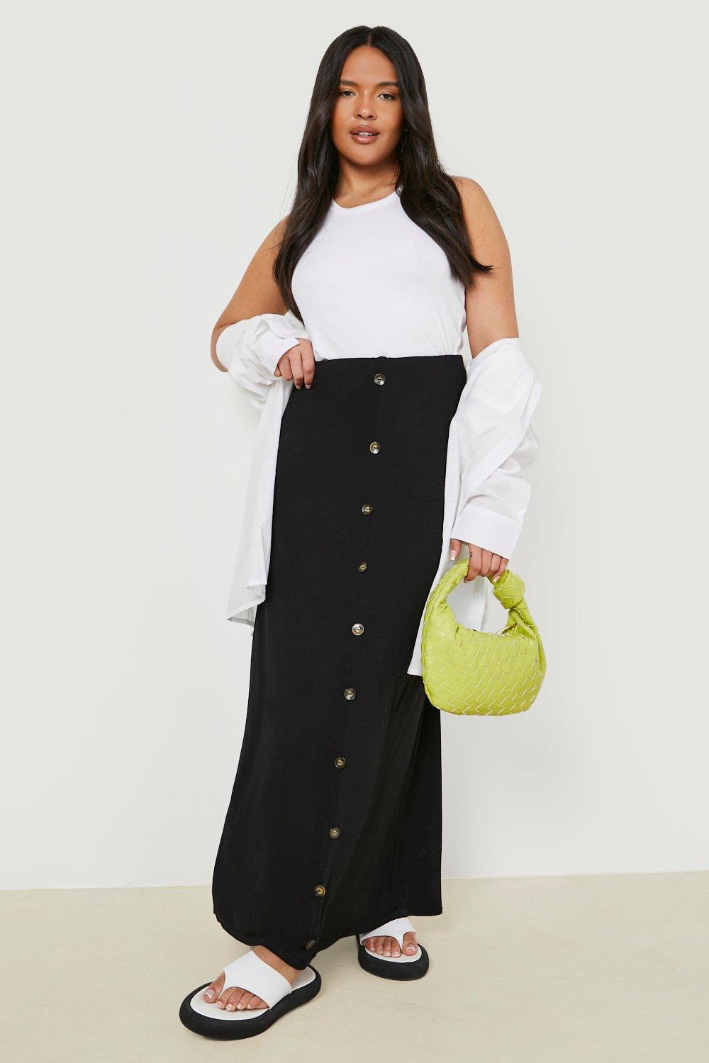 Plus size long shop black skirt button