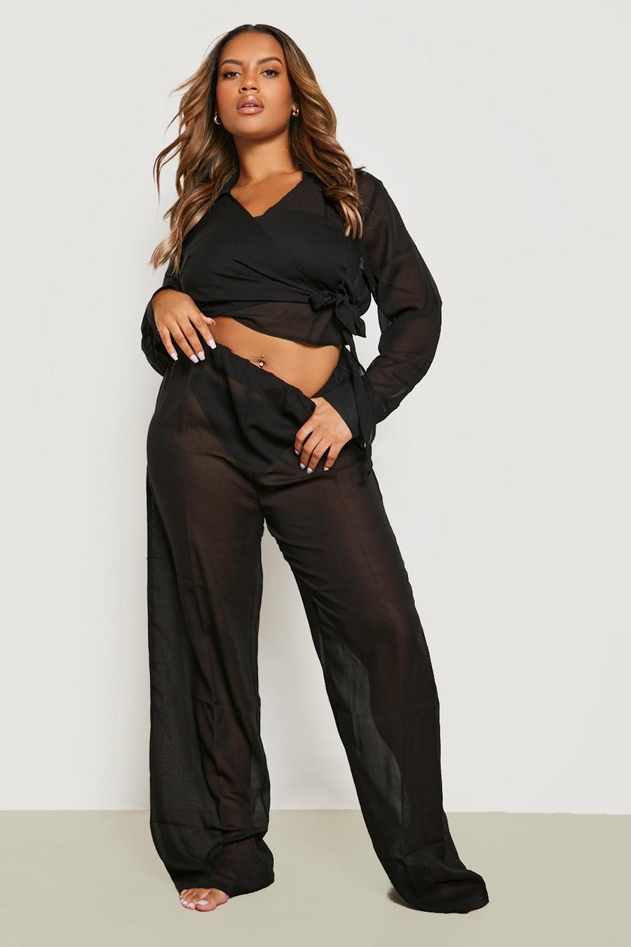 Black Plus Wrap Top And Wide Leg Beach Co-ord image number 1