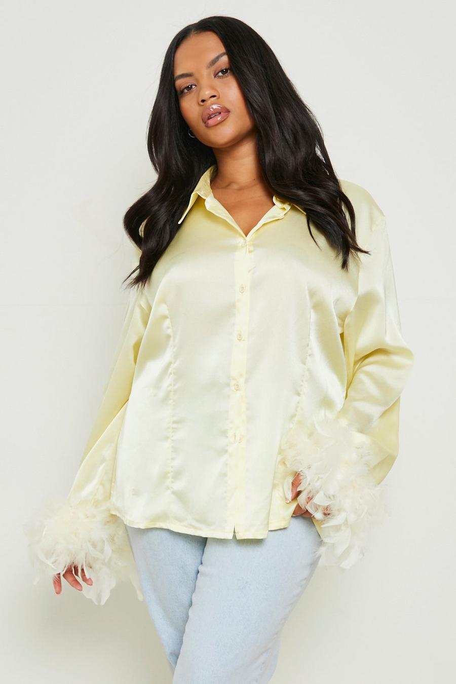 Lemon Plus Feather Cuff Oversized Satin Shirt image number 1