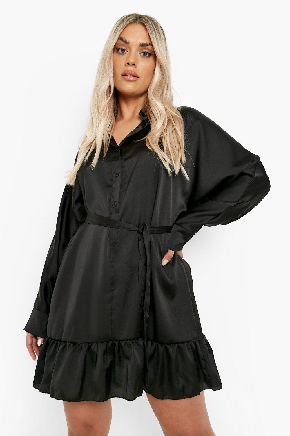 Black belted wide sleeve organza hot sale shirt dress