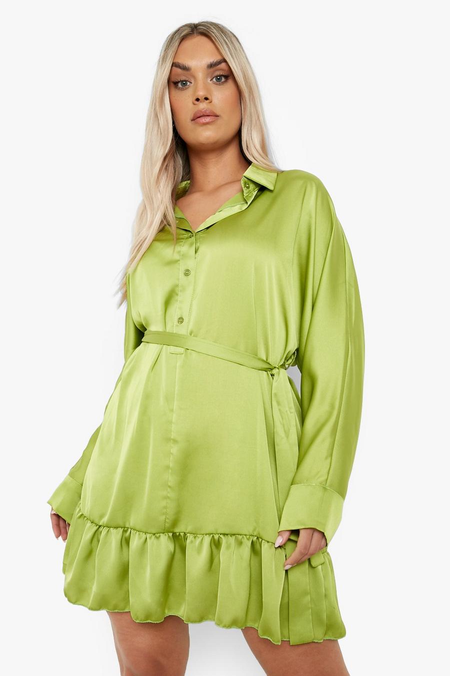 Olive green Plus Satin Belted Ruffle Hem Shirt Dress 