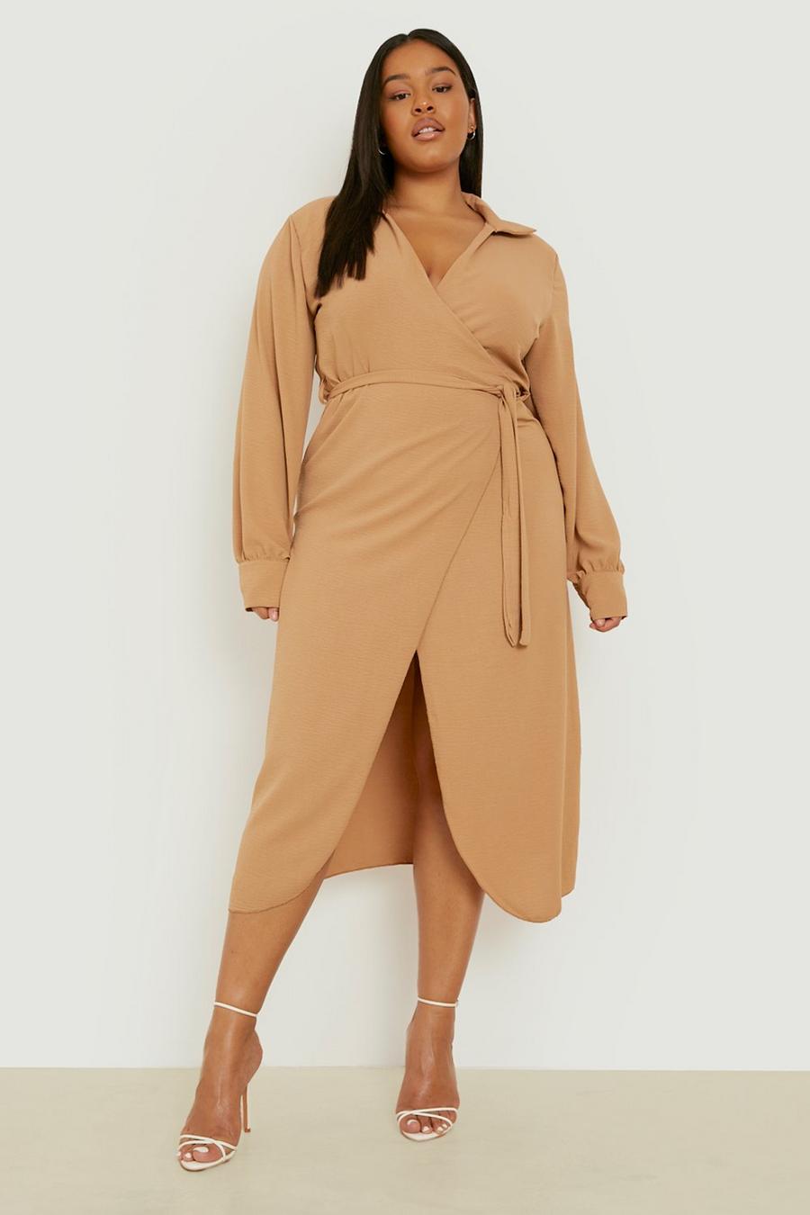 boohoo.com | Plus Textured Wrap Front Belted Shirt Dress