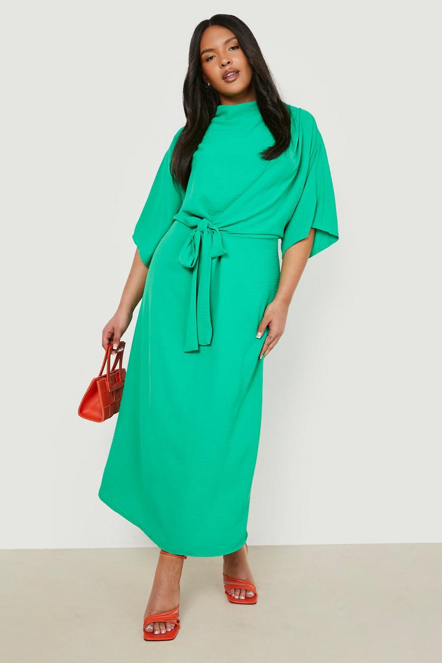 Emerald green Plus Textured Knot Front Cowl Neck Midi Dress image number 1