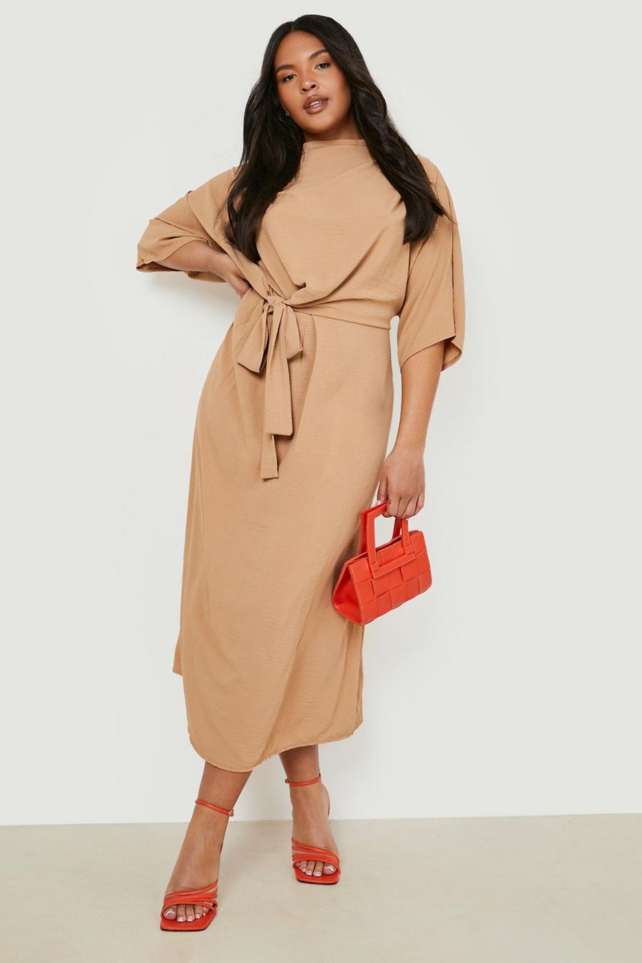 Sand Plus Textured Knot Front Cowl Neck Midi Dress image number 1