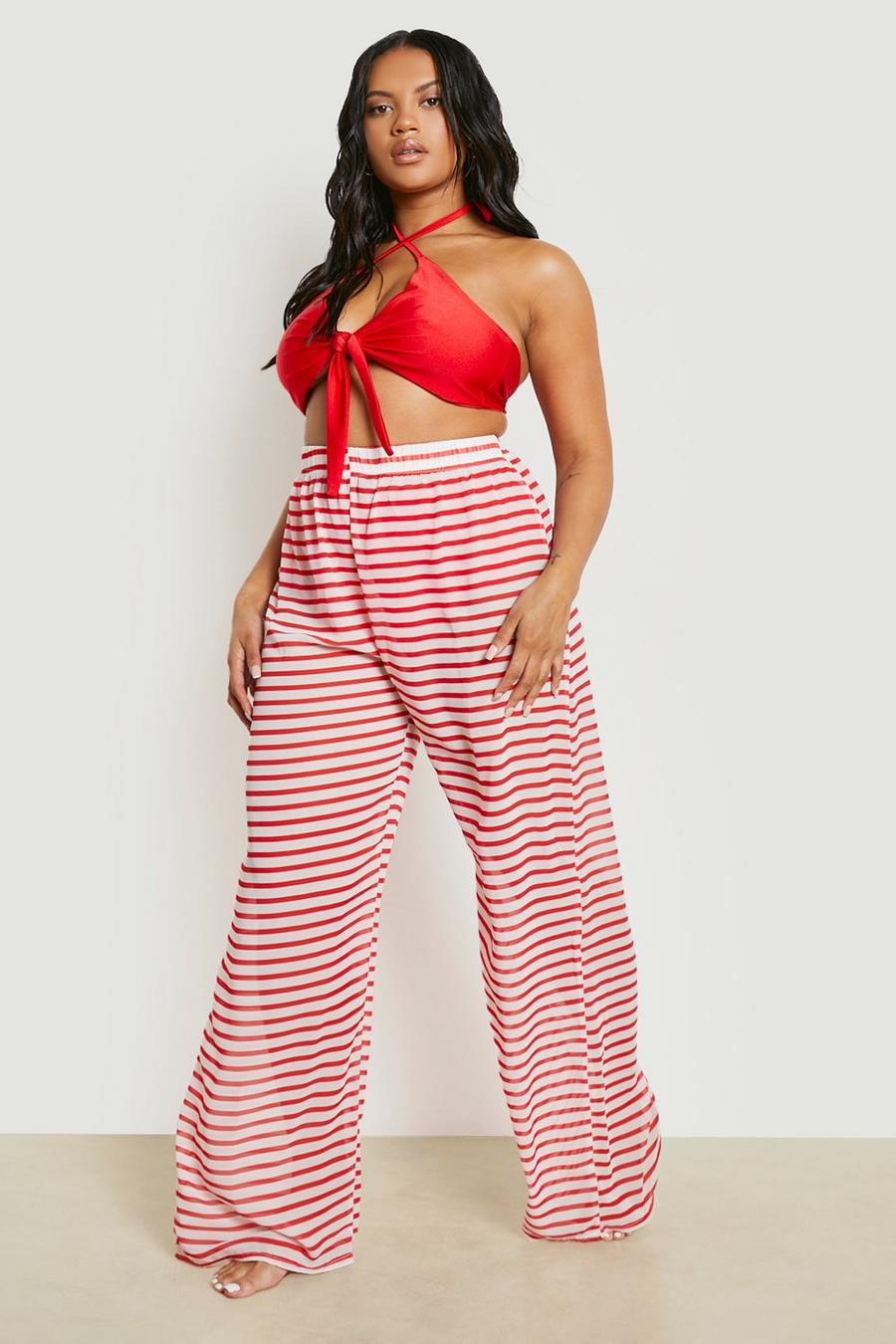 Red Plus Nautical Stripe Chiffon Beach Pants image number 1