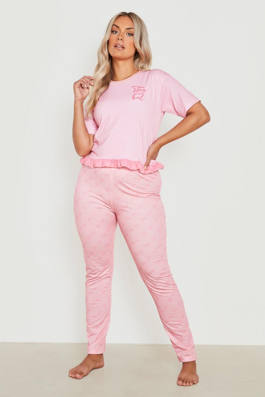 Pink Plus 'Stay In Bed' Slogan Frill Hem T-Shirt & Trousers Pyjama Set image number 1