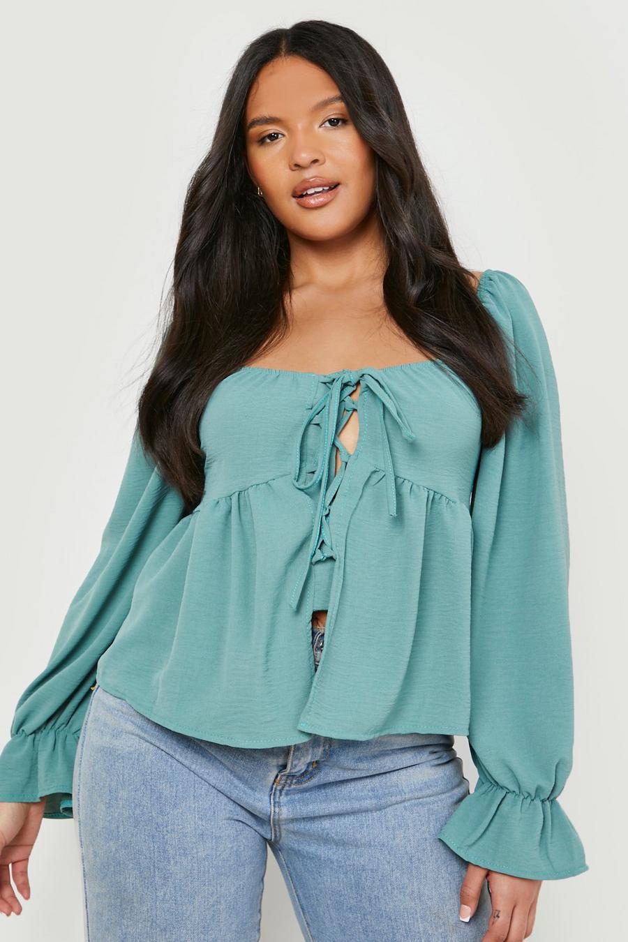 Blusa Plus Size con volant, Teal image number 1