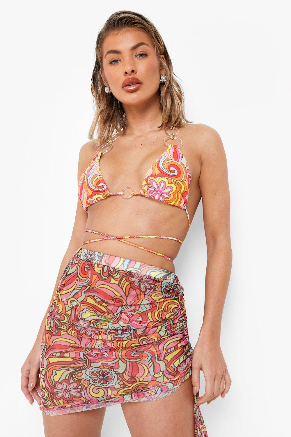 Falda para la playa de malla fruncia con estampado de estilo 70 boohoo