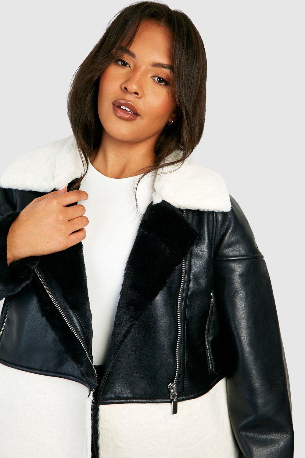 Plus Size Longline Faux Leather Bonded Aviator Coat