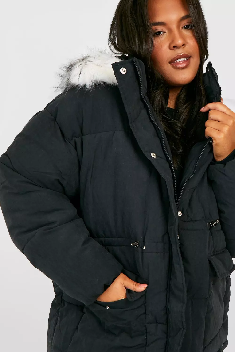 Black faux fur trim cheap padded jacket