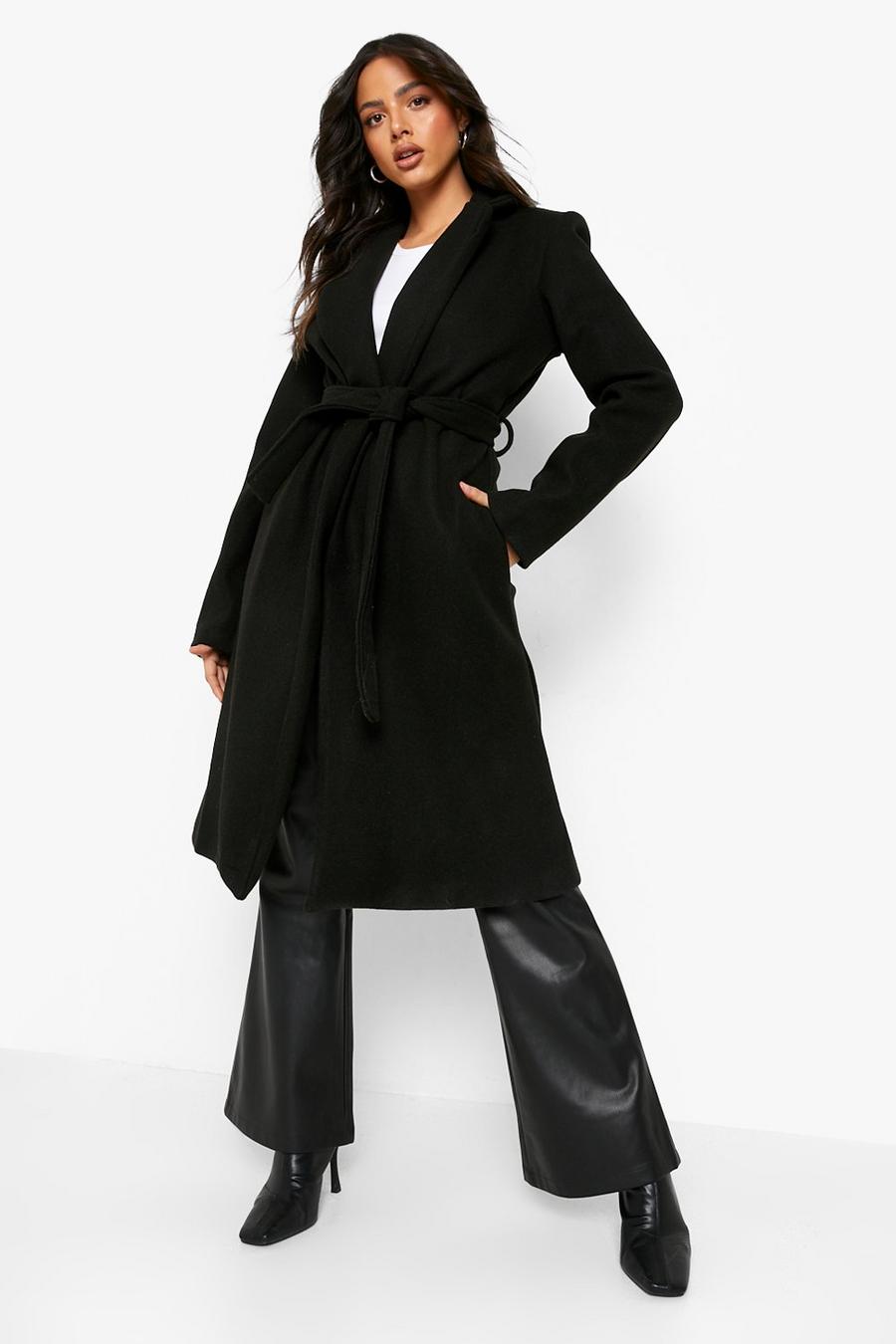 Black Belted Wool Look Robe Coat image number 1
