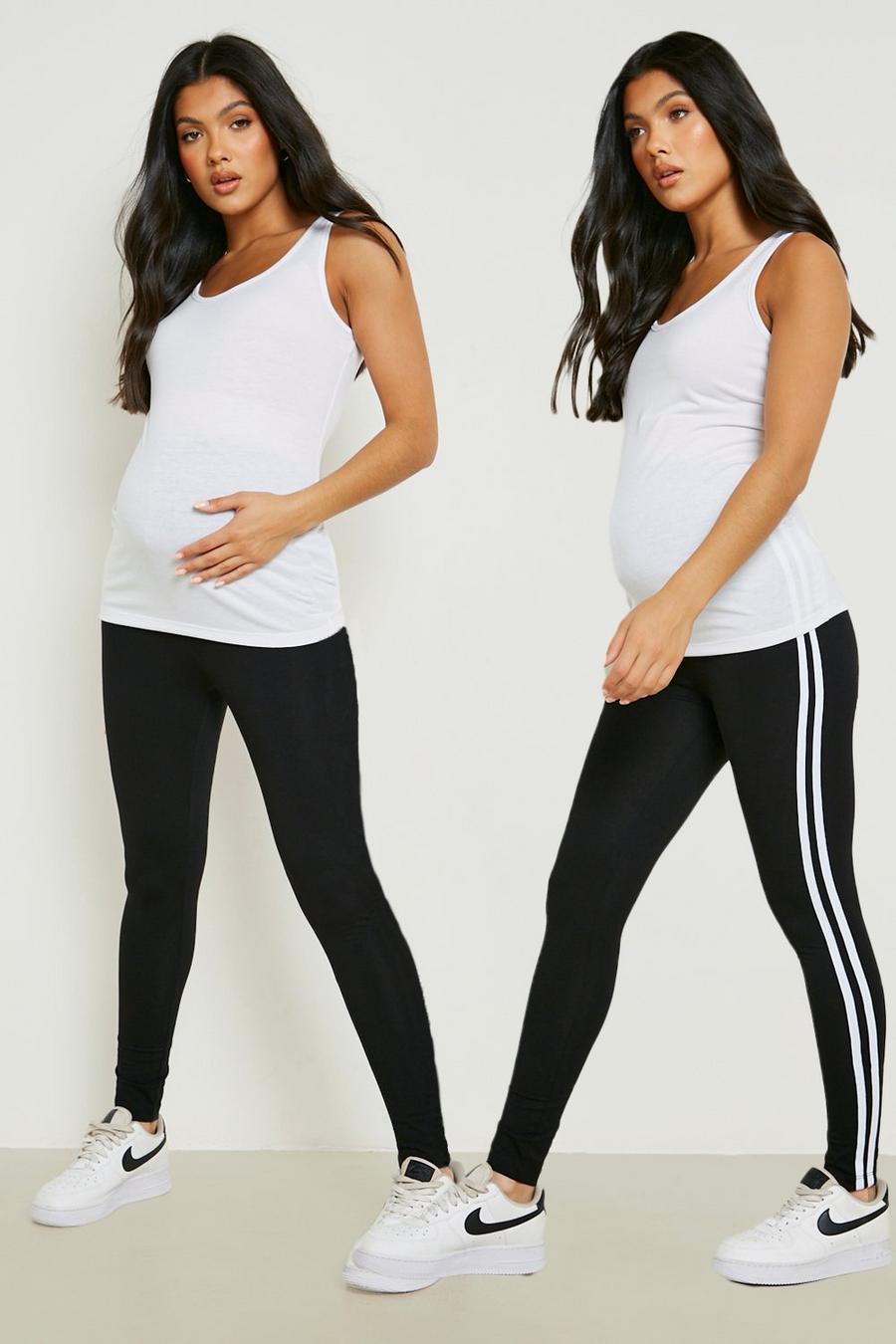 Black Maternity Stripe And Plain Leggings 2 Pack image number 1