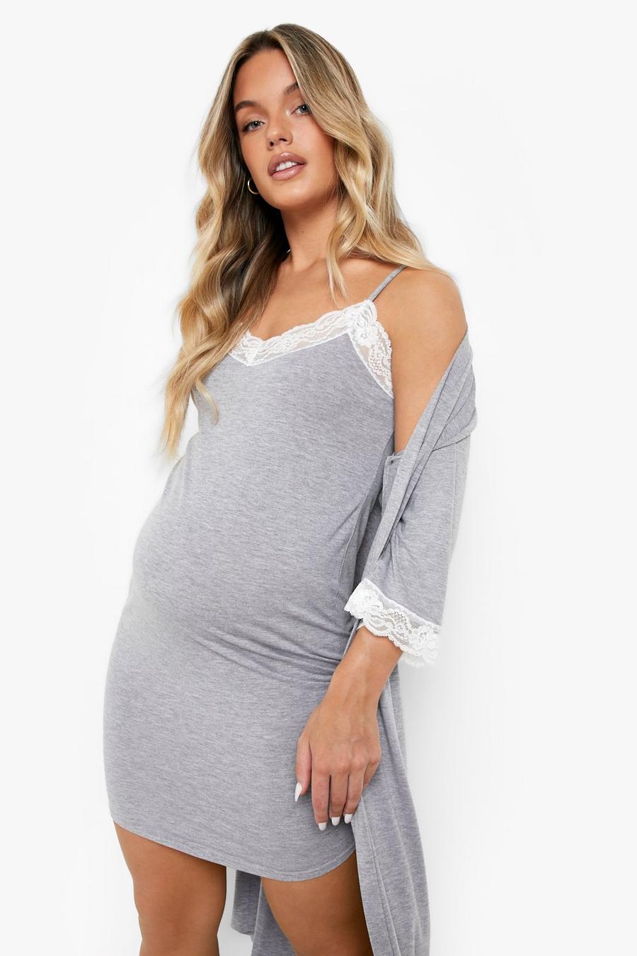 Grey marl Maternity Lace Nightie And Robe Set