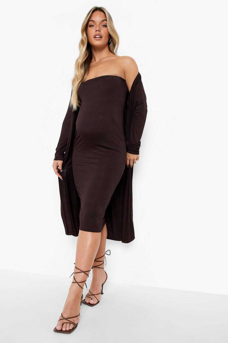 Chocolate Maternity Bandeau Midi Dress And Duster image number 1