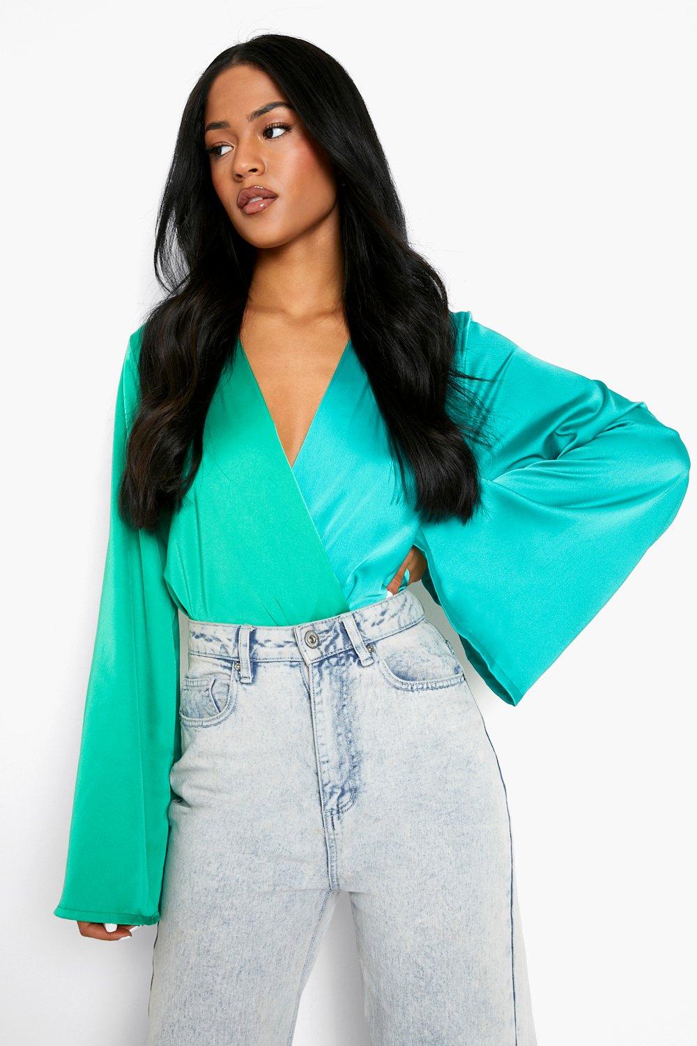 Long Sleeve Satin Wrap Bodysuit Blue