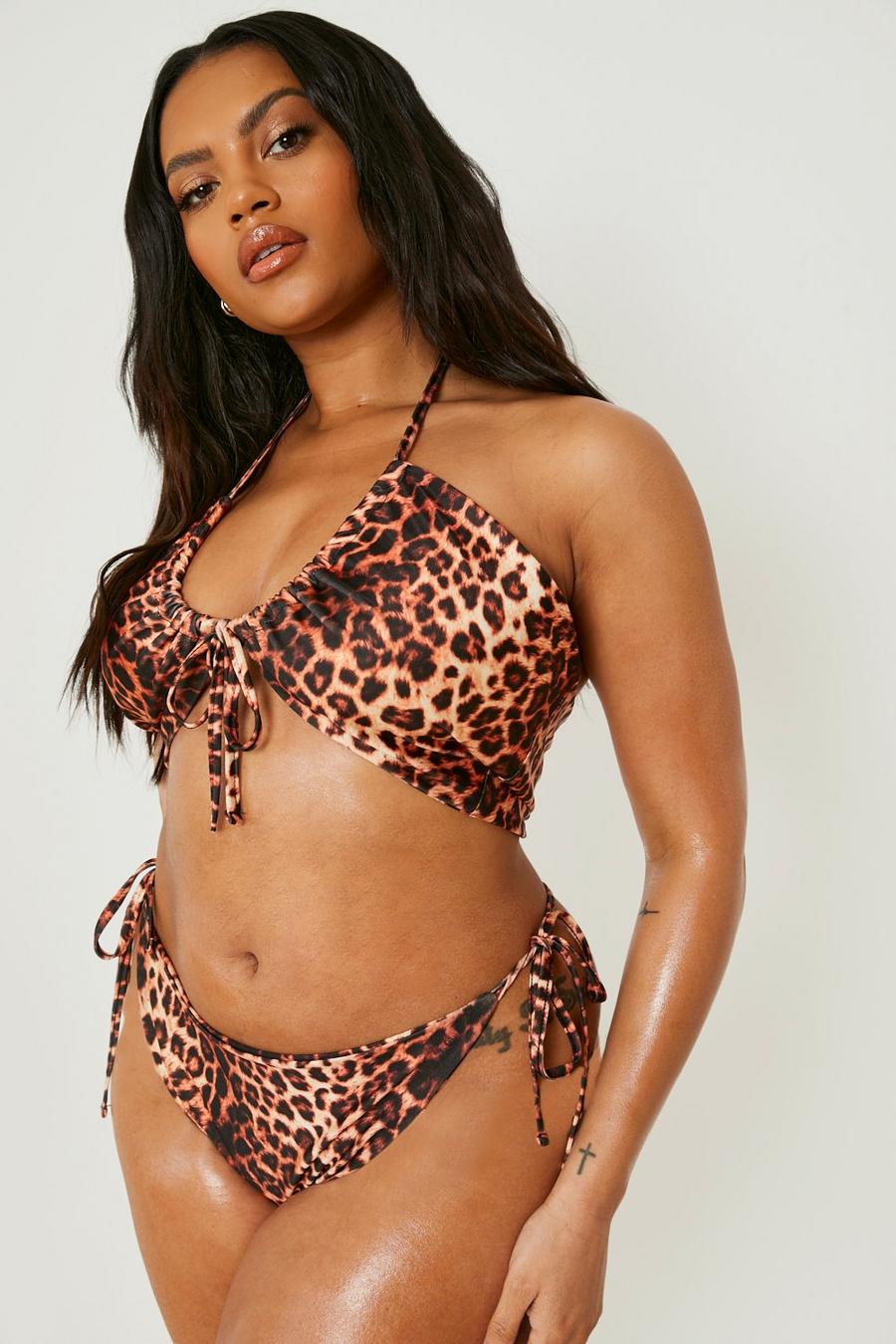 Plus Neckholder-Bikini mit Leopardenprint, Brown image number 1