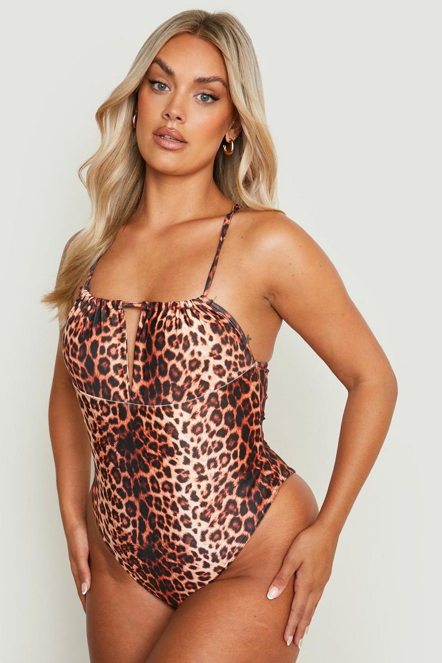Brown marrón Plus Leopard Cut Out Swimsuit image number 1