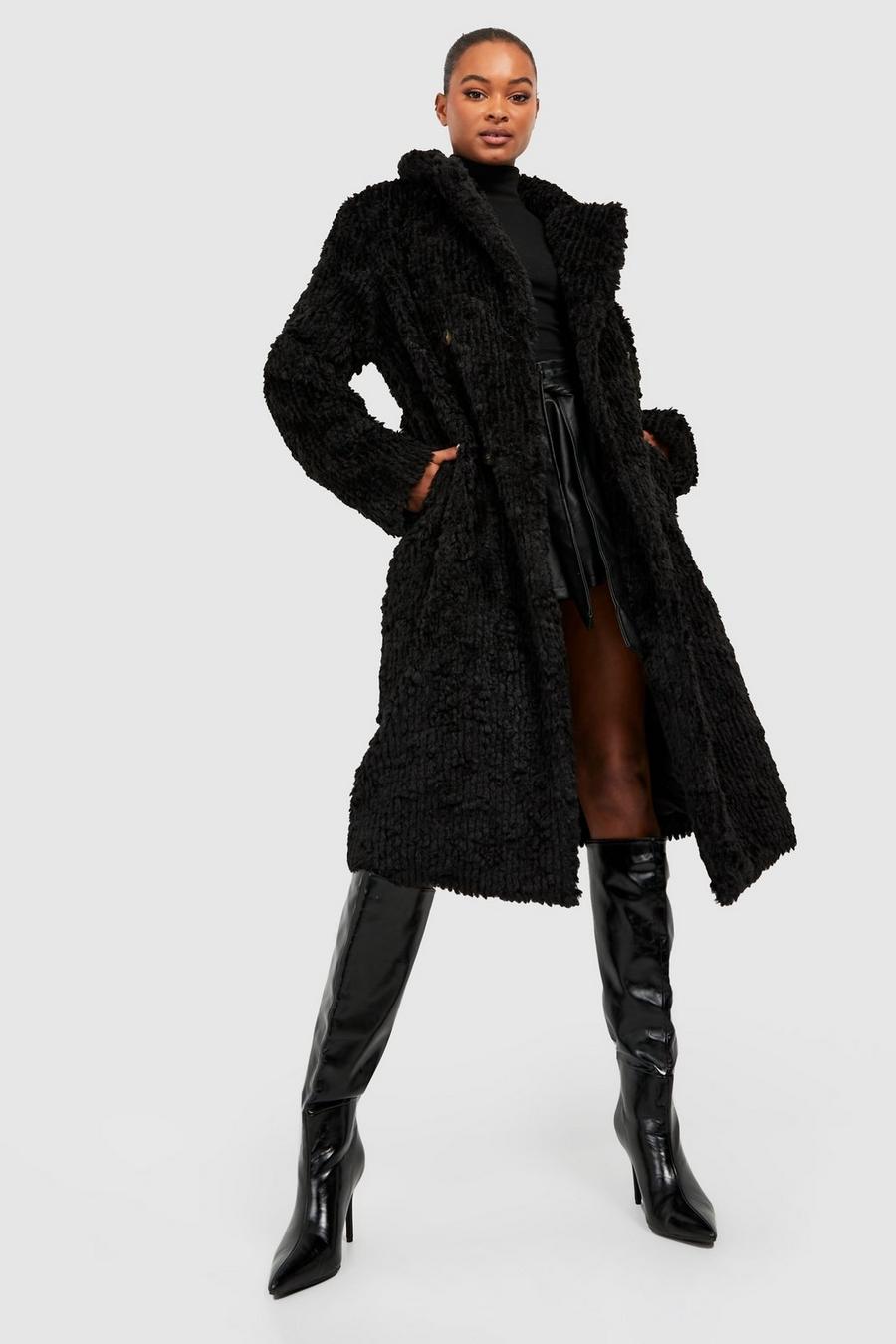 Black Tall Textured Faux Fur Double Breasted Coat image number 1