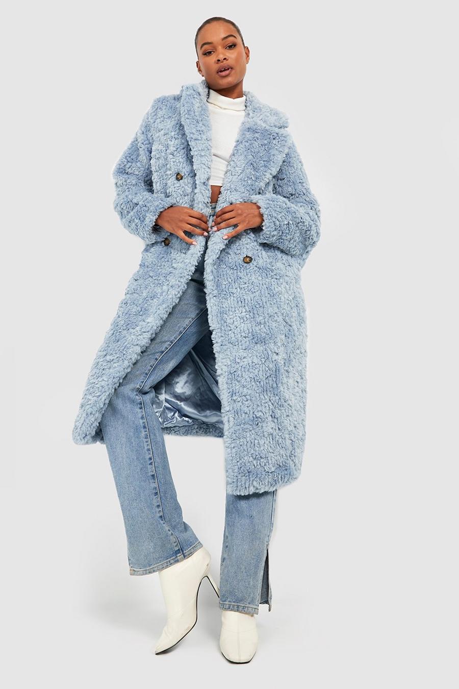 Blue azzurro Tall Textured Faux Fur Double Breasted Coat