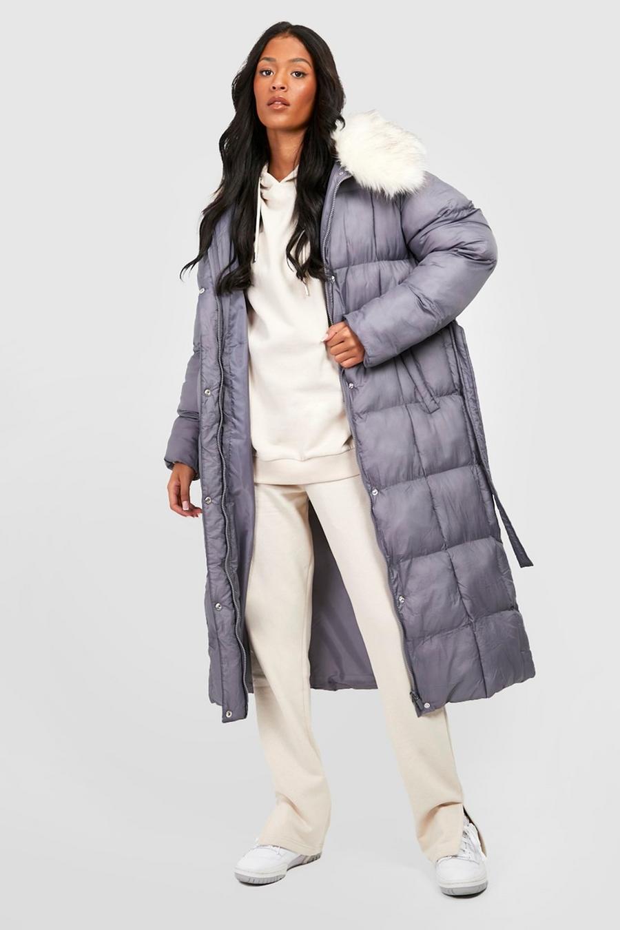 Grey Tall Faux Fur Collar Longline Puffer image number 1