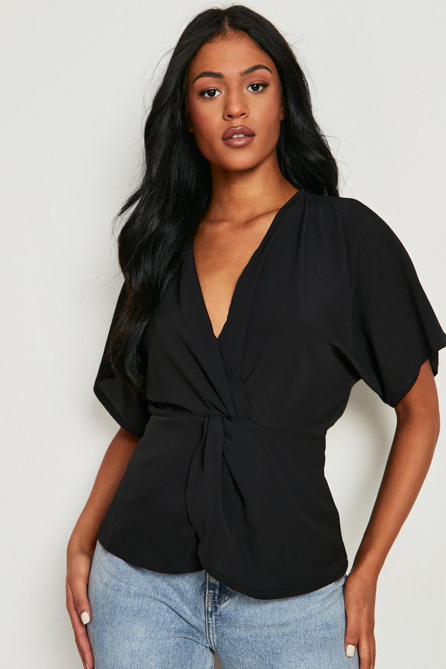 Black Tall Knot Front Woven Blouse image number 1