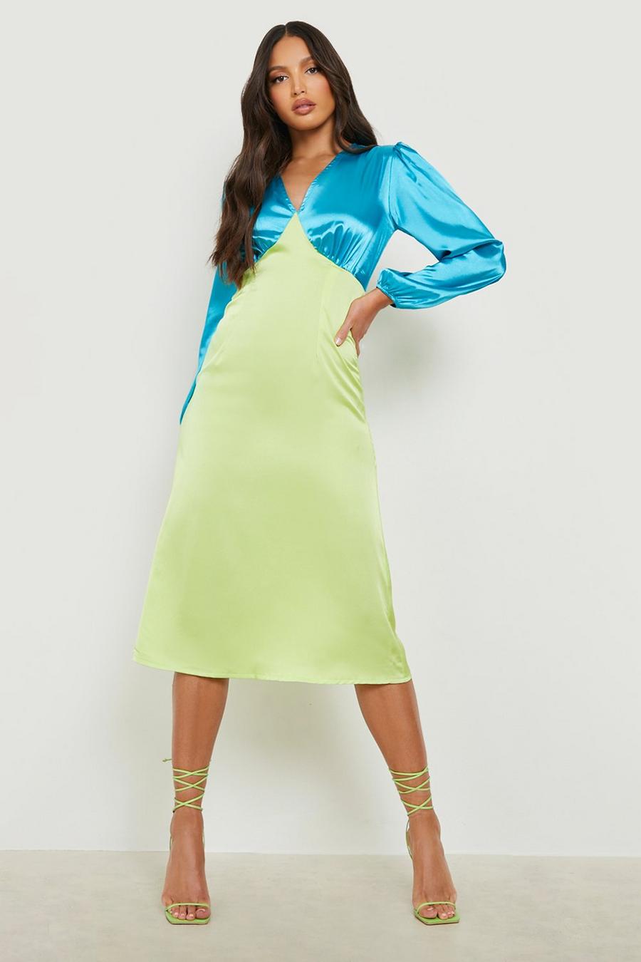 Green Tall Contrast Satin Dress image number 1