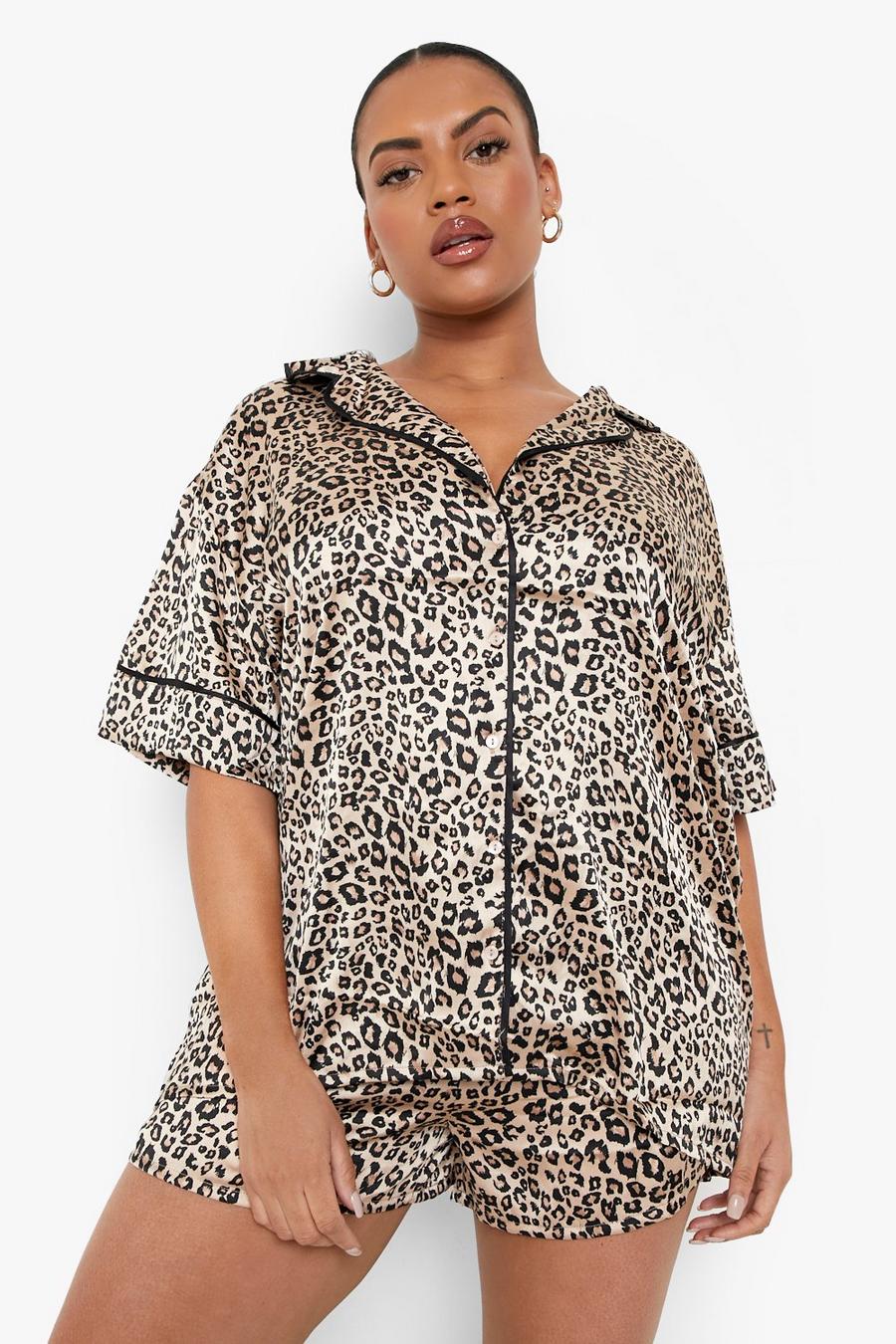 Set pigiama corto Plus Size in raso con stampa, Leopard image number 1