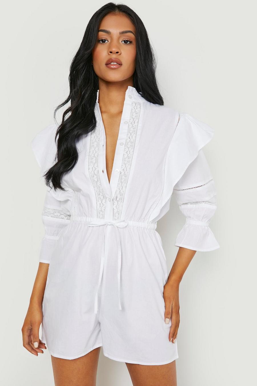 White Tall Cotton Poplin Frill Detail Playsuit image number 1