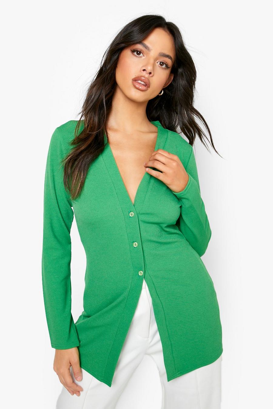 Green Longline Button Front Rib Top image number 1