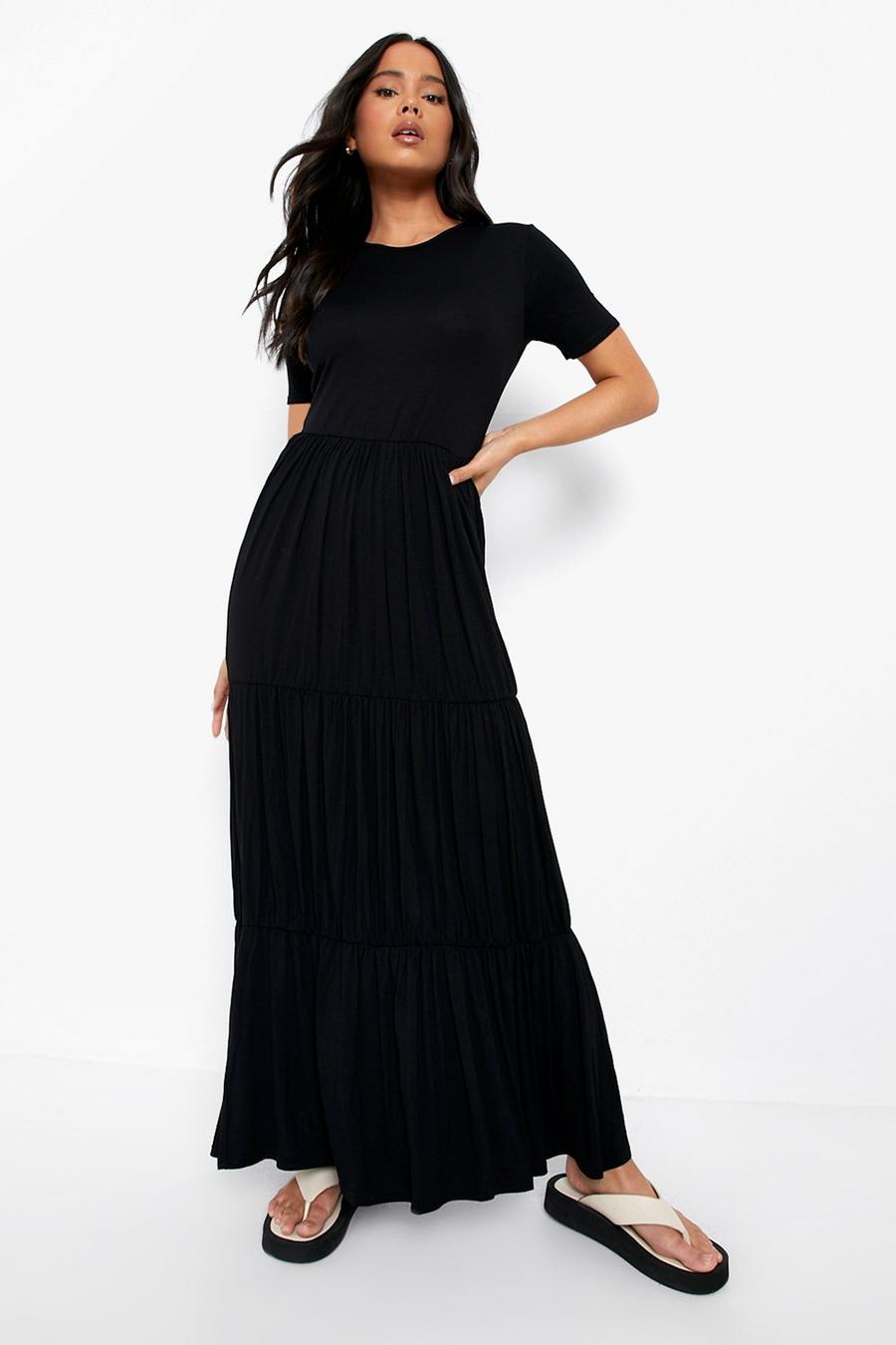 Black Petite Tiered Hem Short Sleeve Maxi Dress image number 1