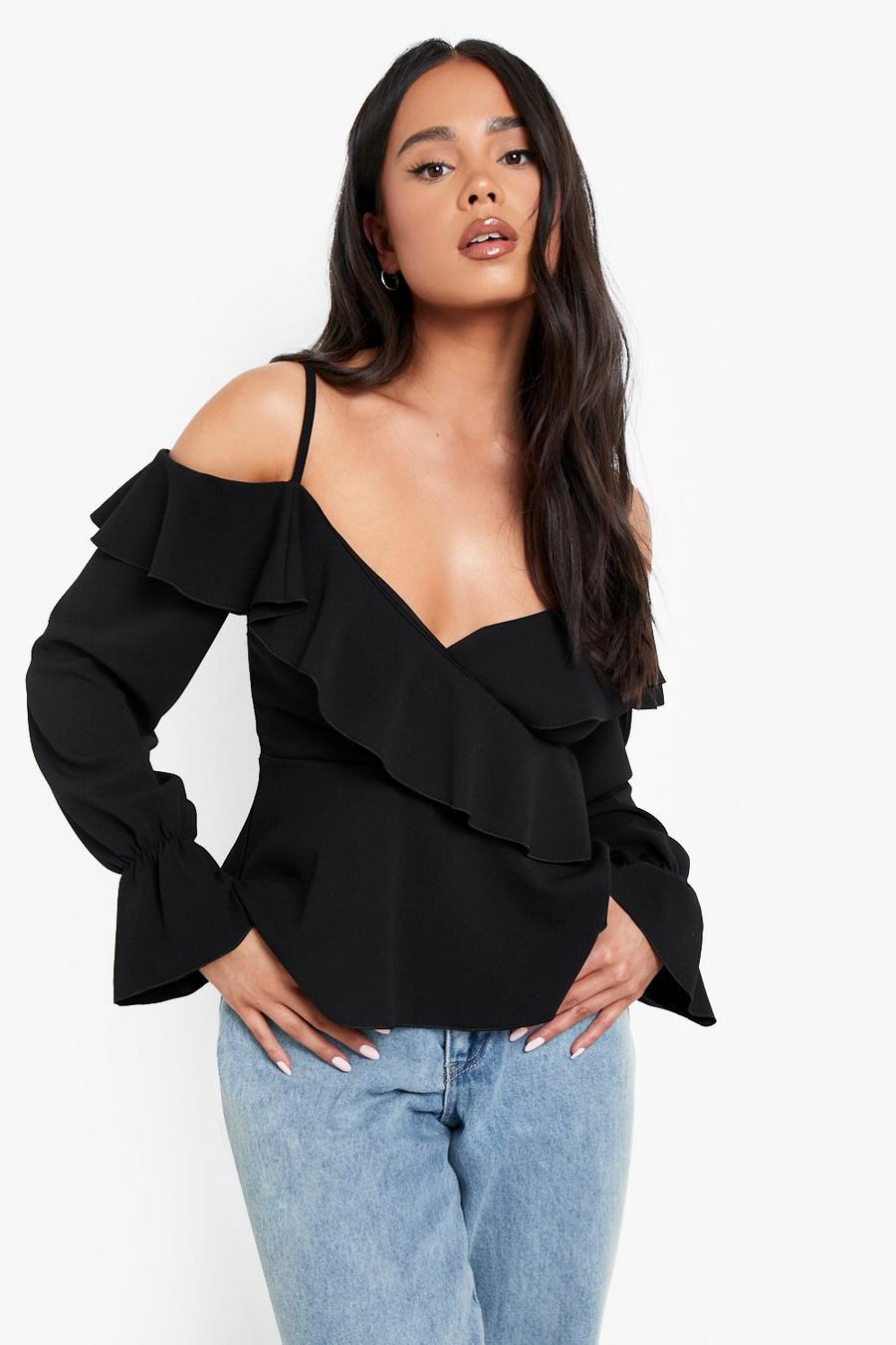 Black Petite Cold Shoulder Ruffle Flare Cuff Top image number 1