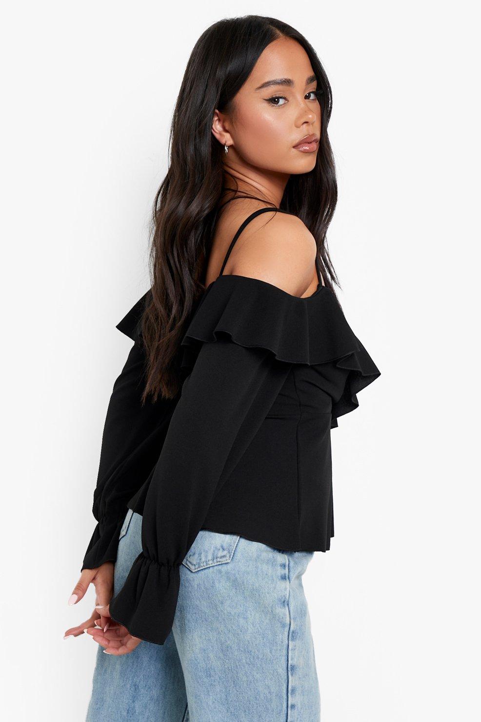 Petite Cold Shoulder Ruffle Flare Cuff Top boohoo