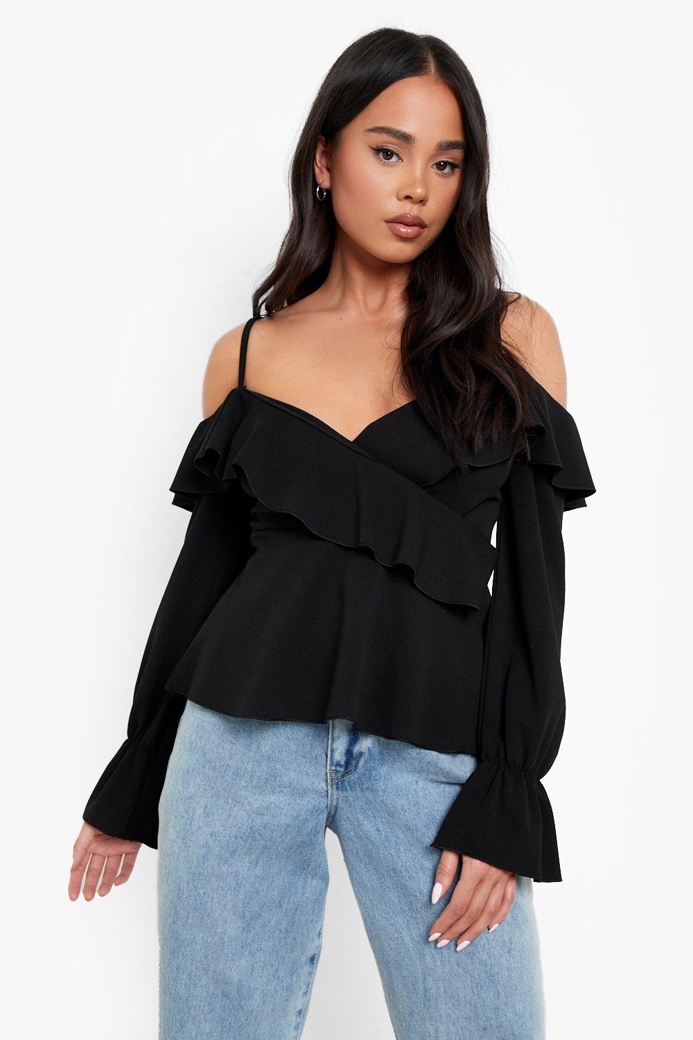 Petite Cold Shoulder Ruffle Flare Cuff Top boohoo