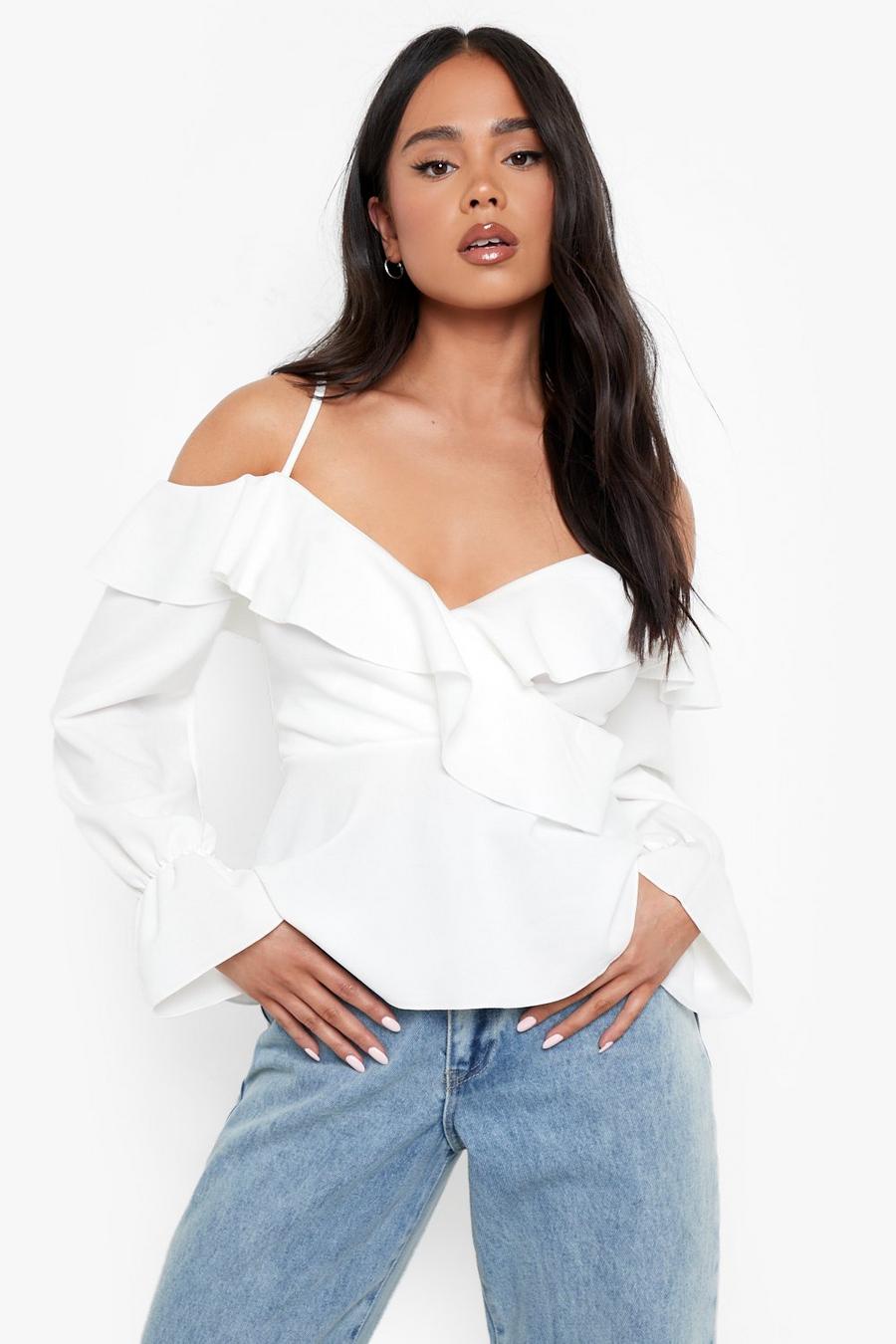 White Petite Cold Shoulder Ruffle Flare Cuff Top image number 1
