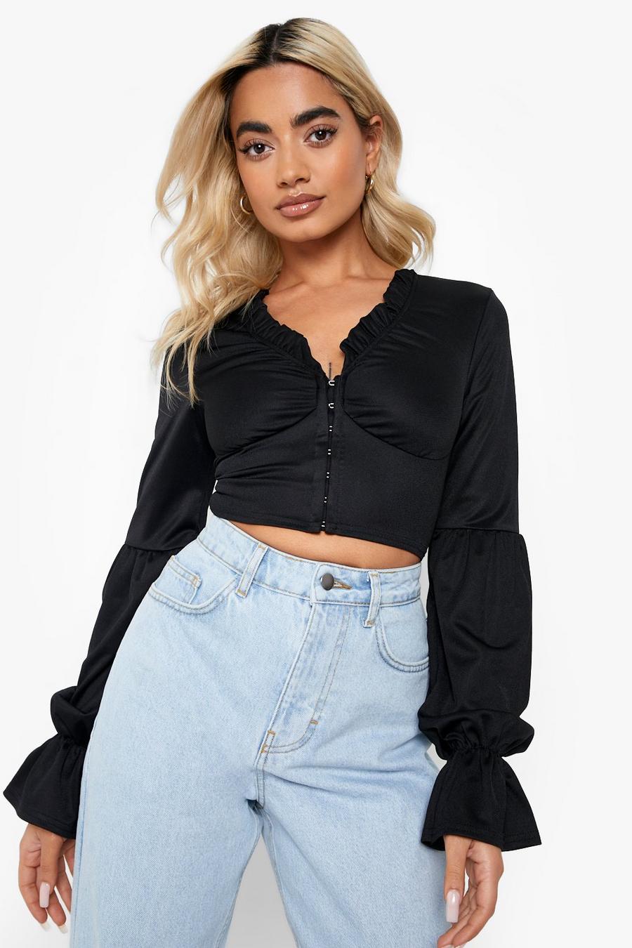 Black Petite Hook And Eye Flare Cuff Crop Top image number 1