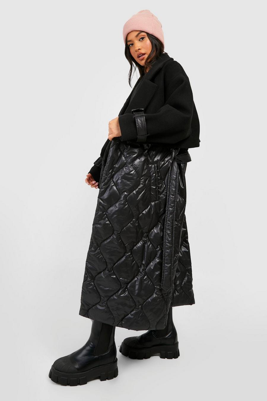 Black Petite Quilted Wool Look Padded Trench Coat image number 1