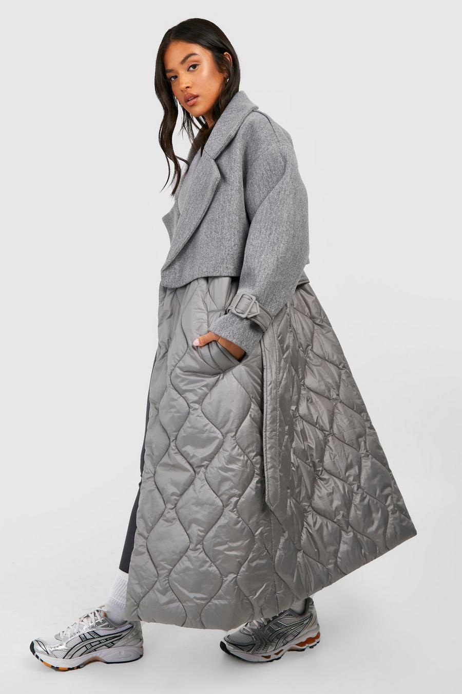 Grey Petite Quilted Wool Look Padded Trench Coat image number 1