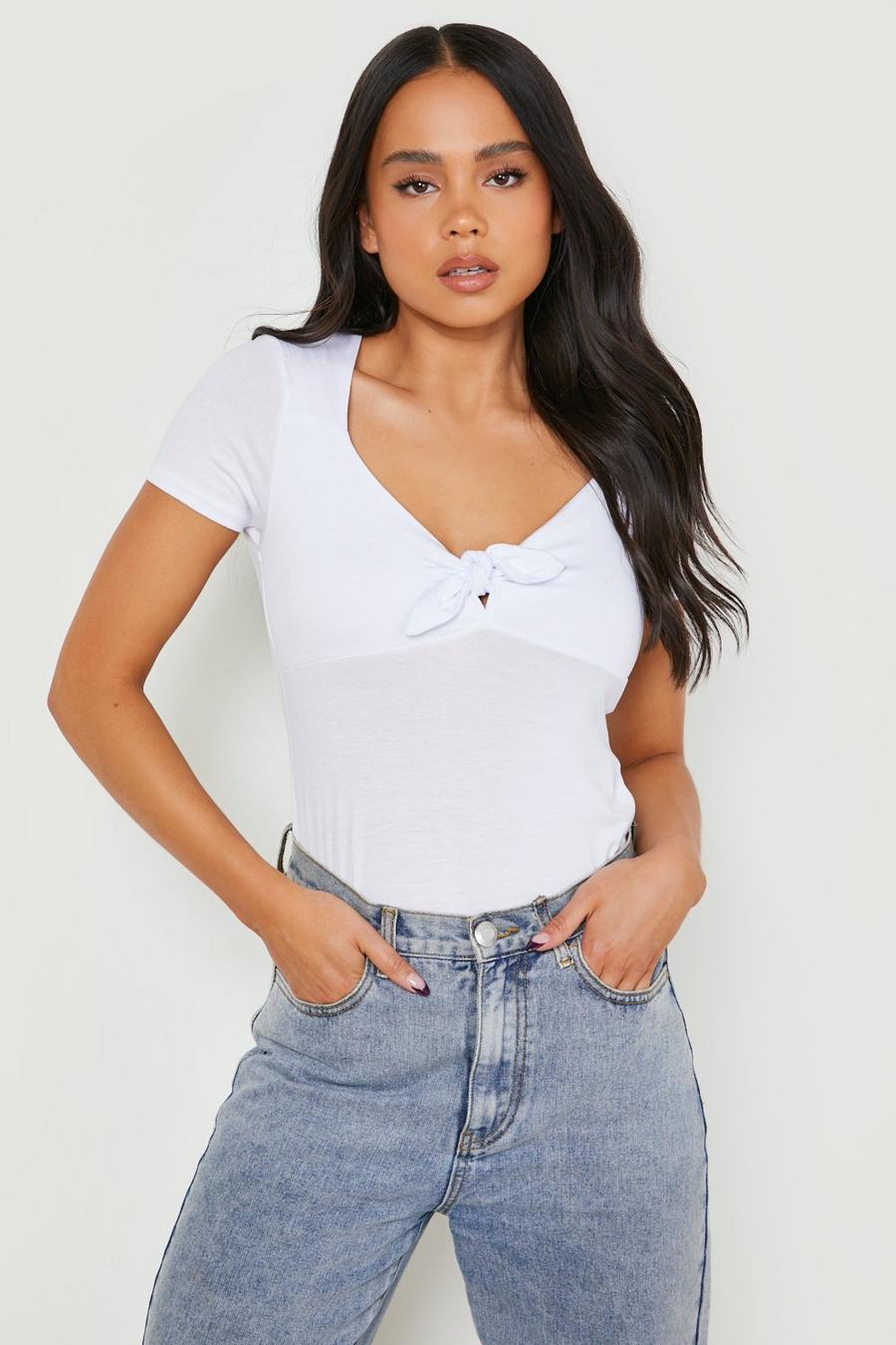White Petite Tie Front Short Sleeve Top image number 1