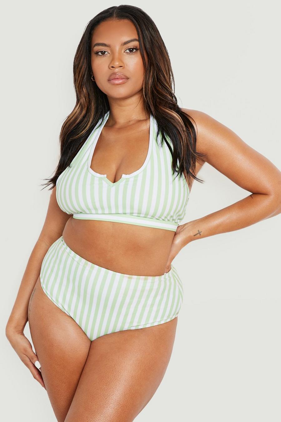 Plus Bikinihose mit hohem Bund und nautischen Streifen, Sage green image number 1
