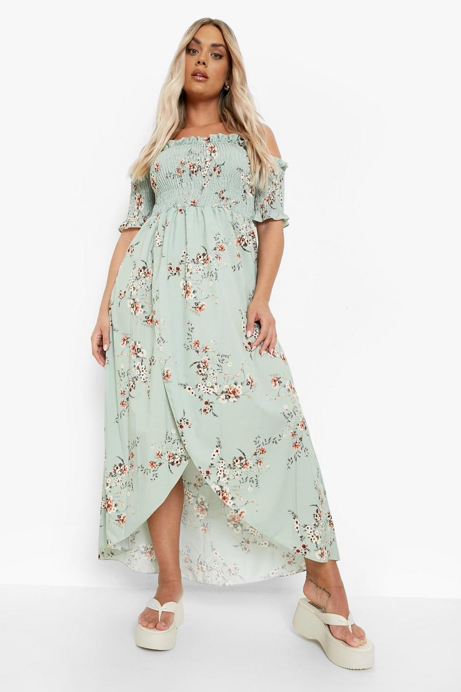Sage grön Plus Floral Off Shoulder Maxi Dress